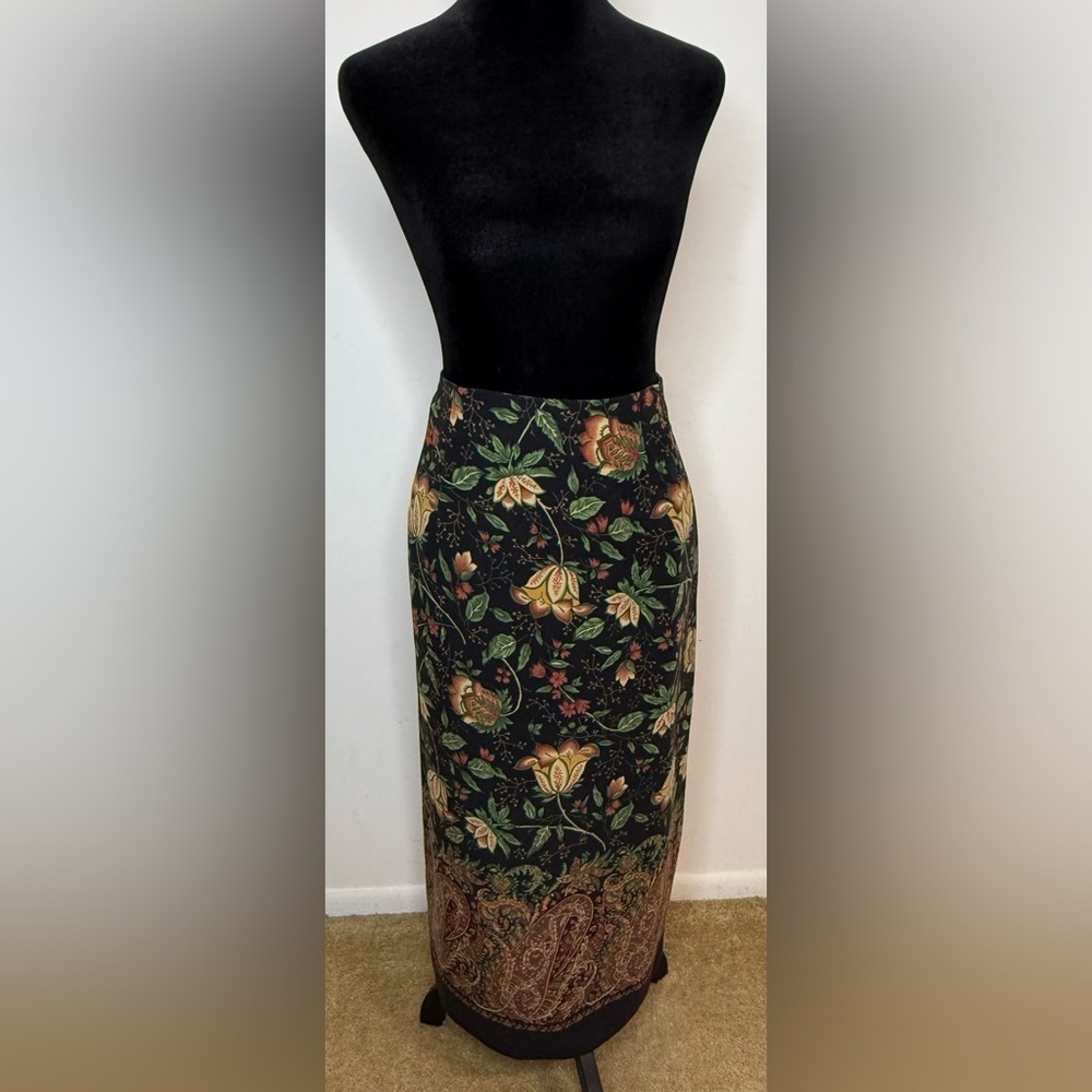 Vintage 80’s Briggs Black Floral Paisley maxi skirt back zip preppy boho 12P EUC
